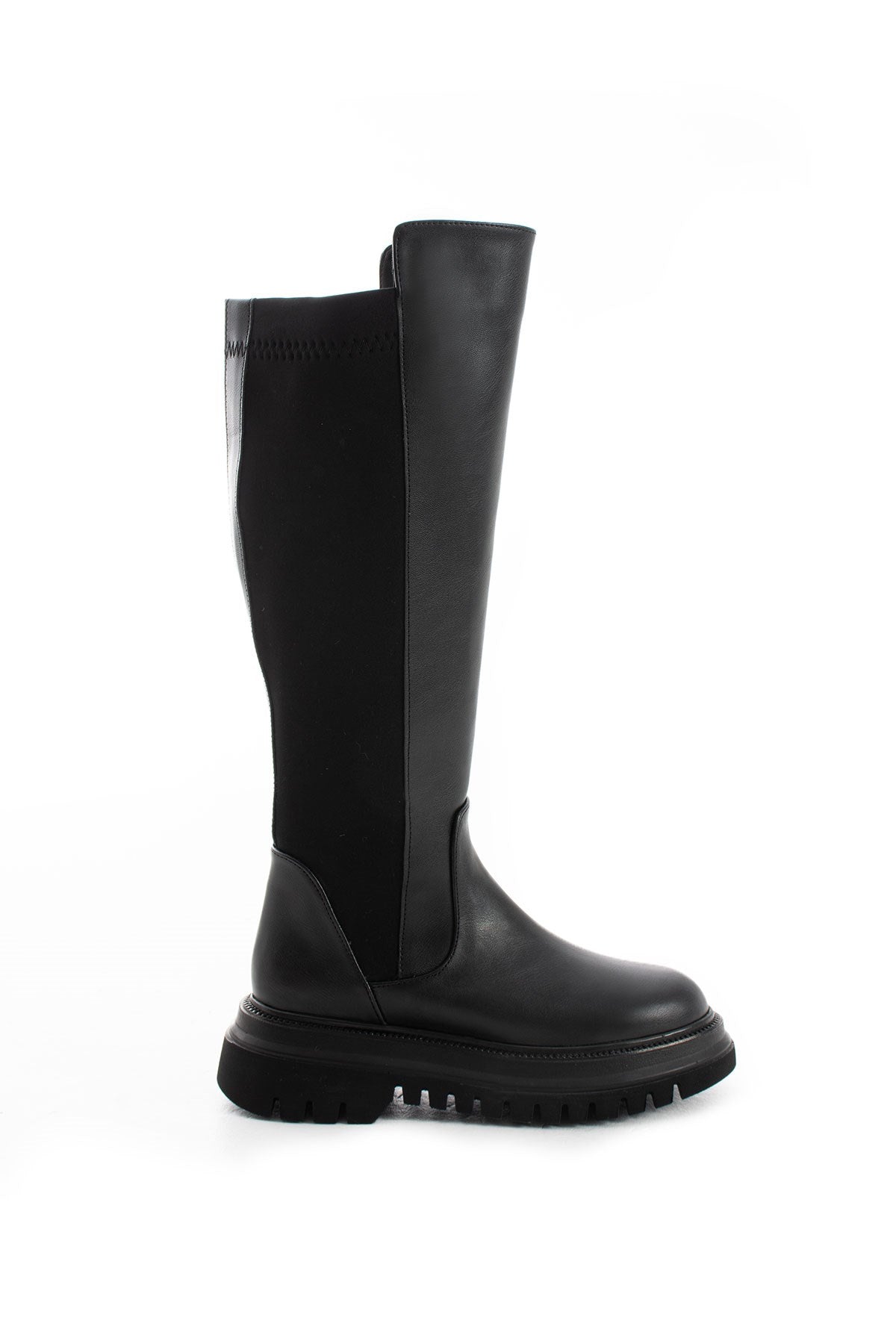 Calf Siyah Cilt Esnek Baldır Detaylı Kadın Çizme