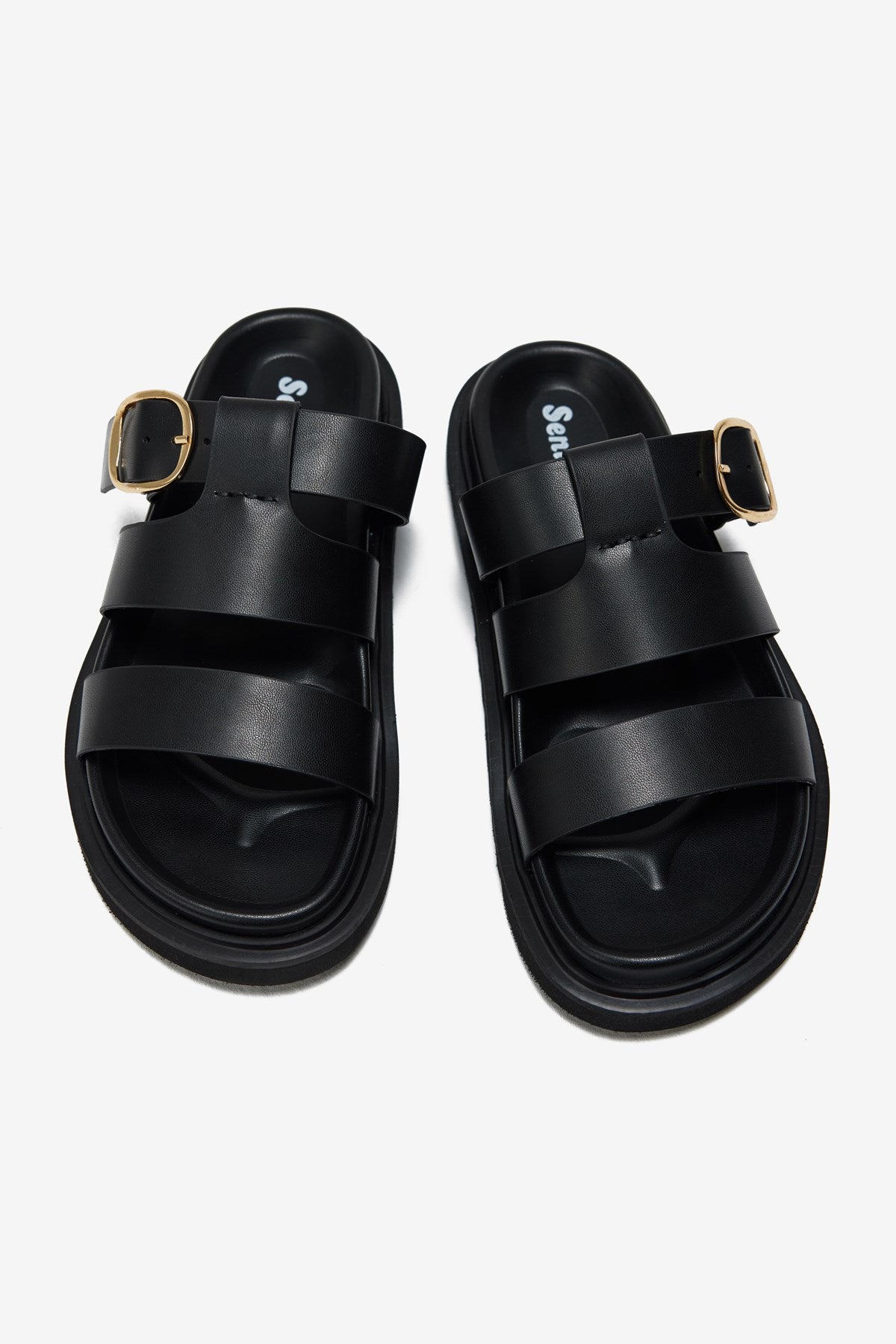 Via Siyah Cilt Üç Kalın Bantlı Tek Toka Detaylı Kadın Terlik