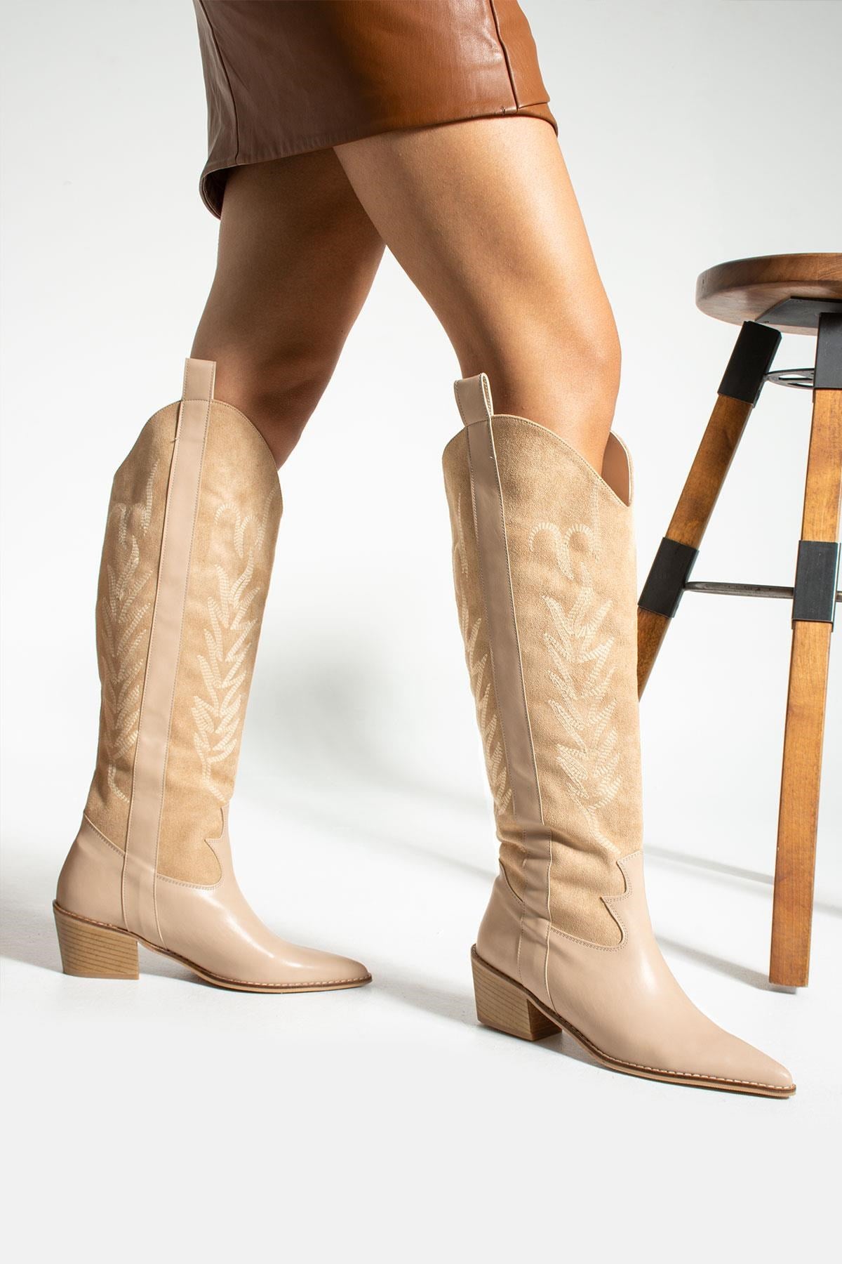 Lily Bej Süet Kadın Kovboy Çizme