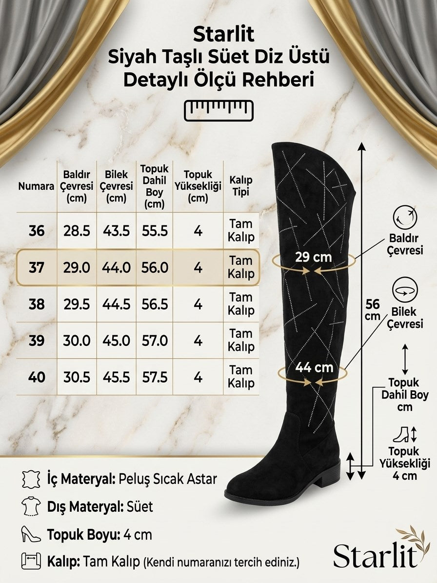 Starlit Siyah Taşlı Süet Yuvarlak Burun Alçak Topuklu Diz Üstü Uzun Kadın Çizme