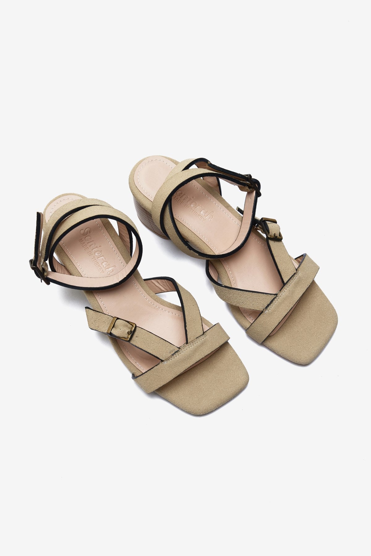 Florante Bej Süet Bilek Bağ Detaylı Kadın Kalın Topuklu Ayakkabı