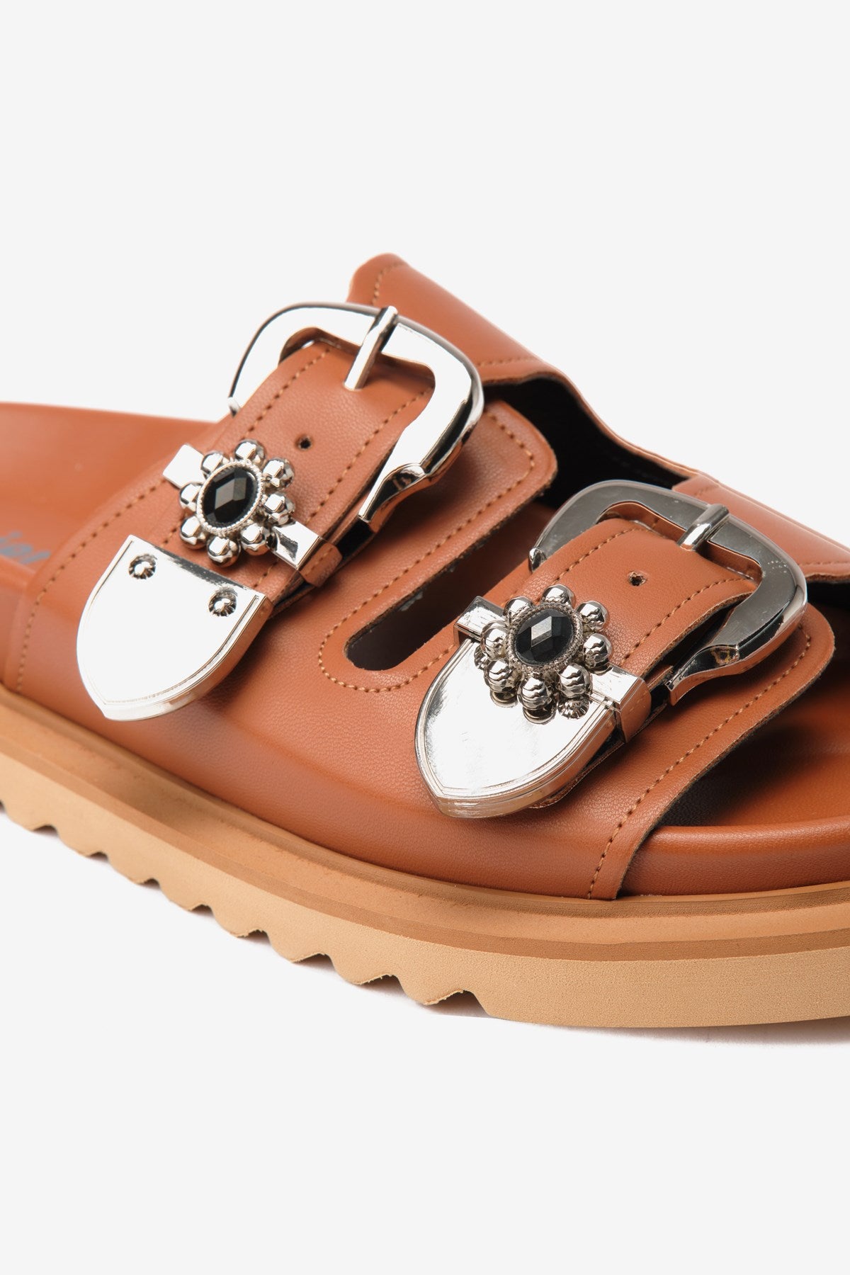 Soleil Taba Cilt Çift Kalın Bantlı Taşlı Kadın Terlik