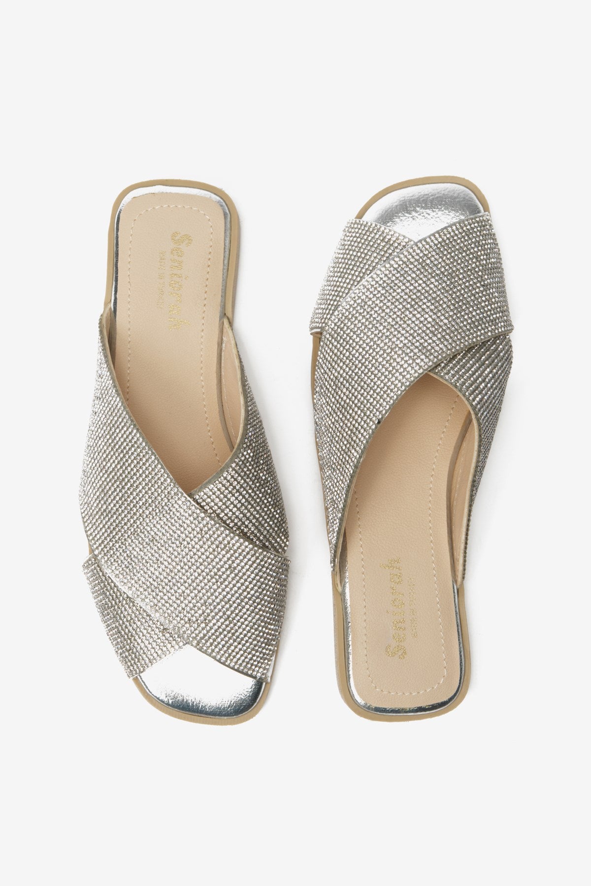 Kleopatra Gümüş Taşlı Metalik Cilt Kadın Terlik