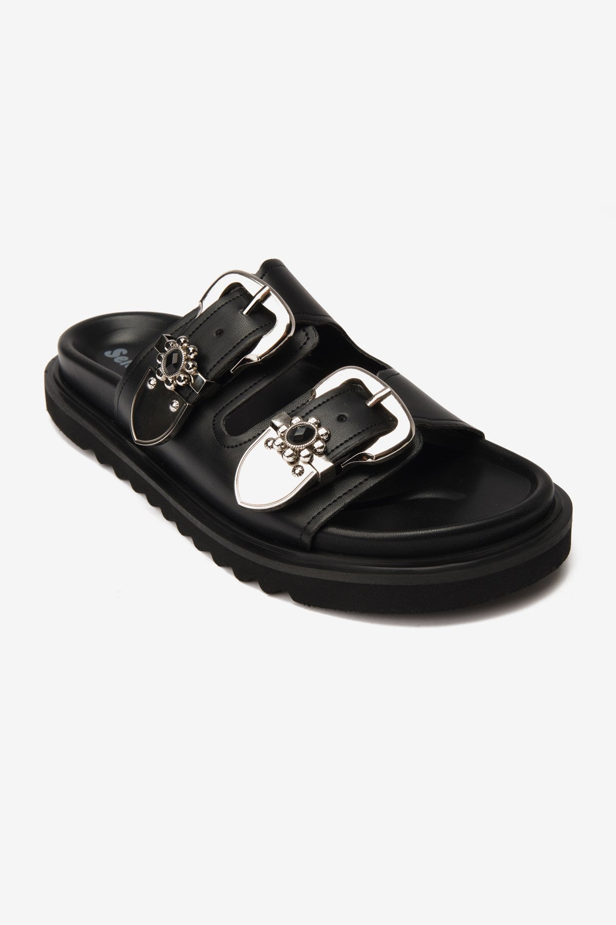 Soleil Siyah Cilt Çift Kalın Bantlı Taşlı Kadın Terlik