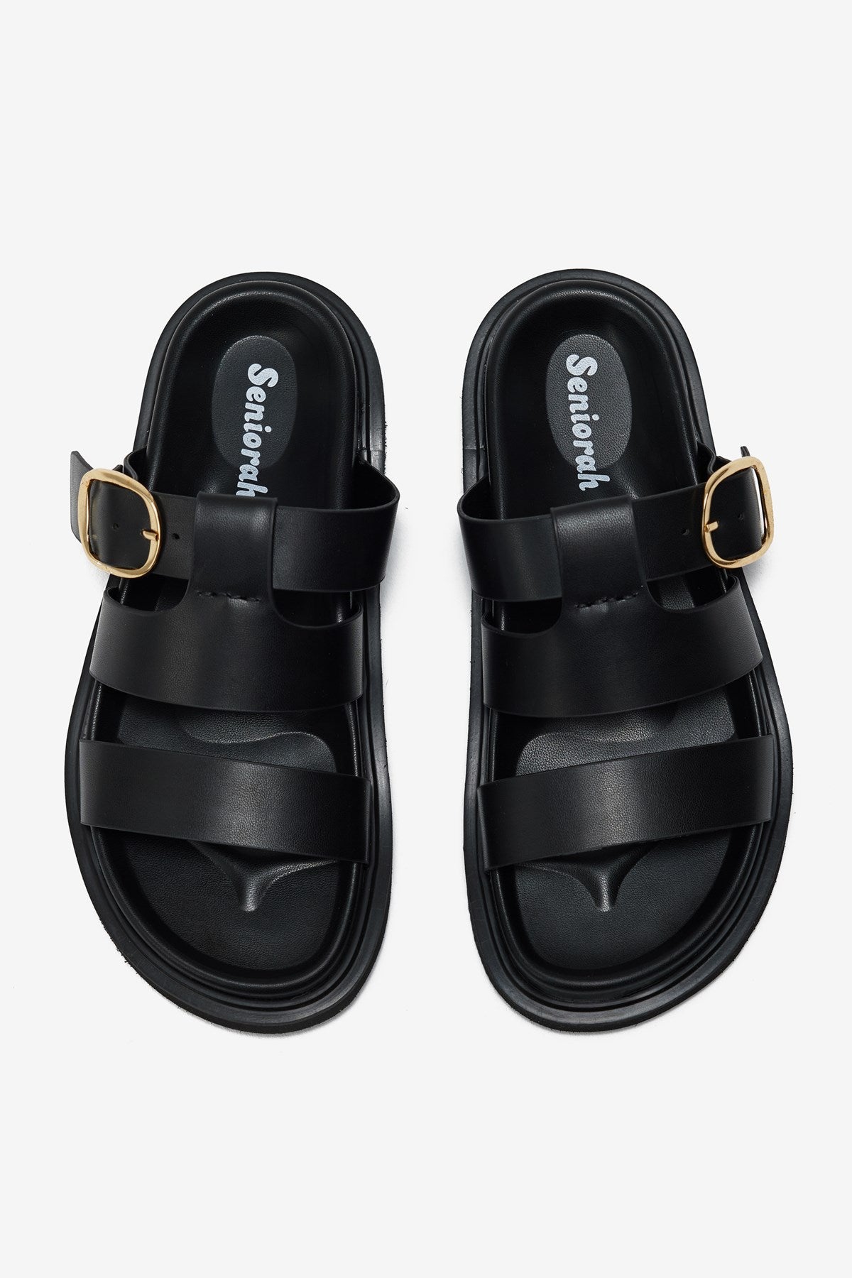 Via Siyah Cilt Üç Kalın Bantlı Tek Toka Detaylı Kadın Terlik