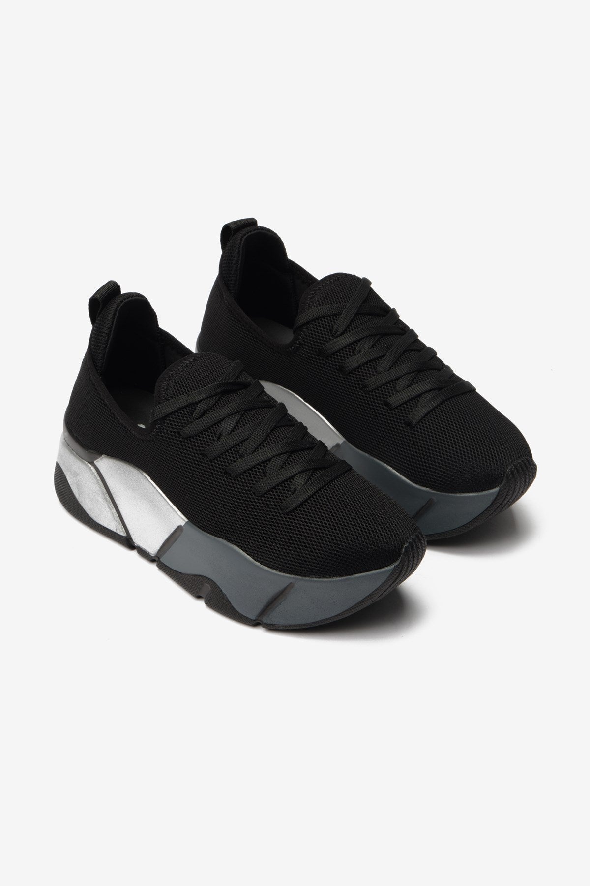 İrene Yüksek Taban Siyah-Gri Streç File Kadın Spor Ayakkabı