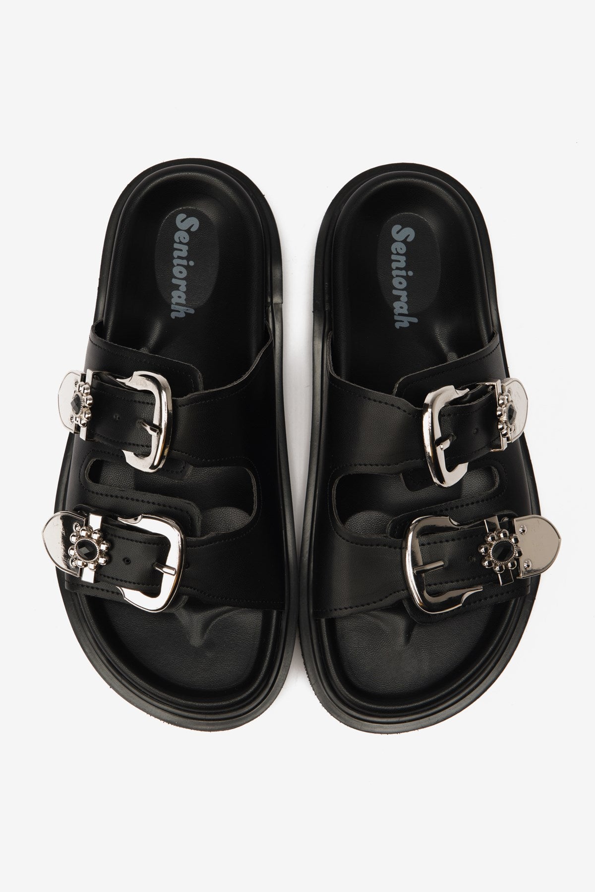 Soleil Siyah Cilt Çift Kalın Bantlı Taşlı Kadın Terlik