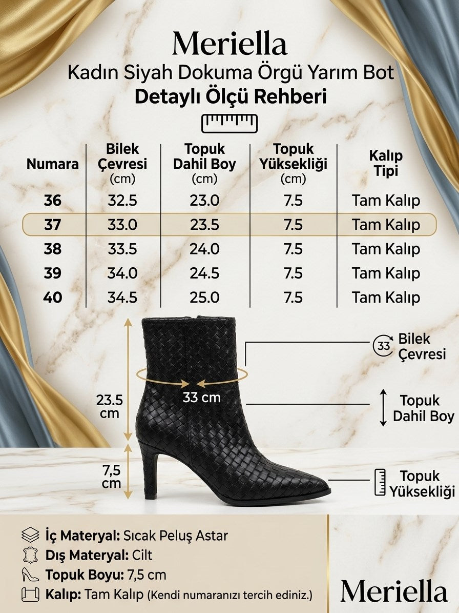 Meriella Cilt Siyah Dokuma Örgü Desenli Sivri Burun İnce Topuklu Yarım Bot Bootie