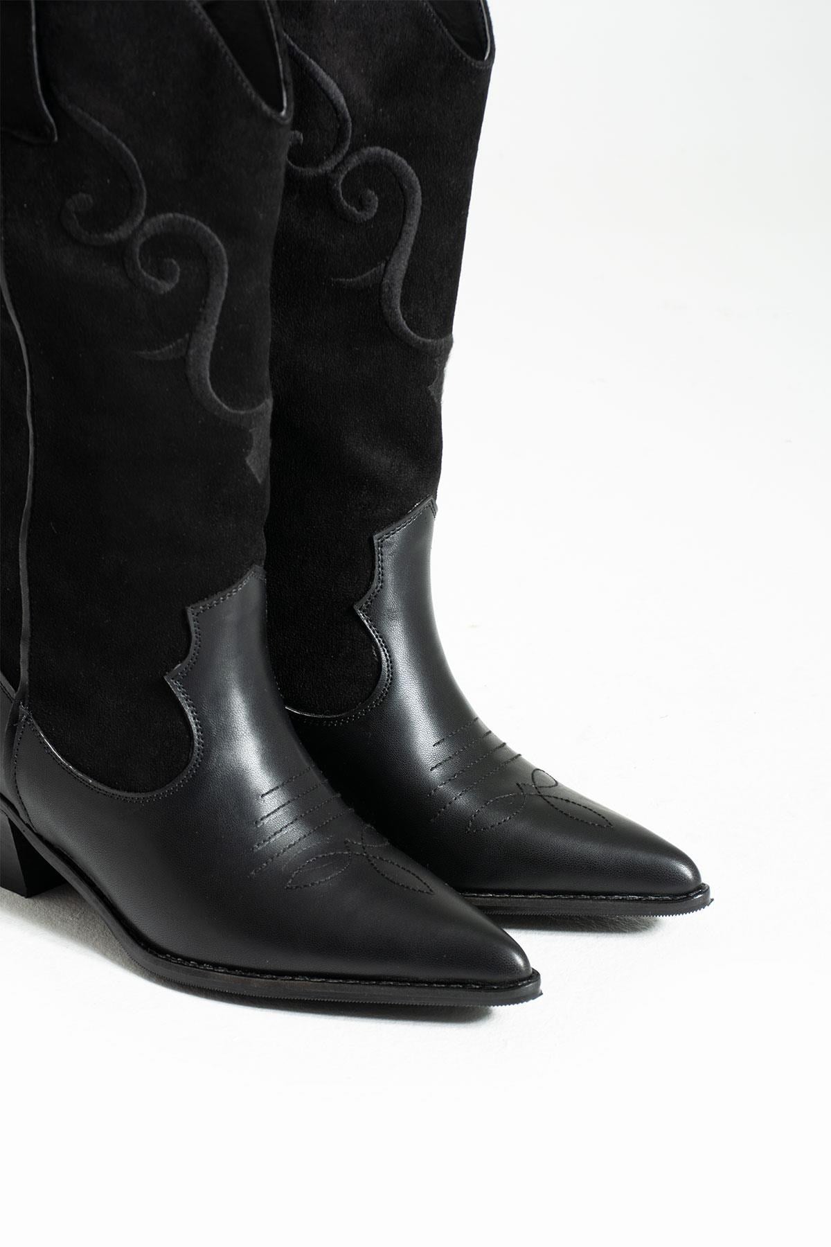 Hercai Siyah Cilt-Süet Kadın Kovboy Çizme