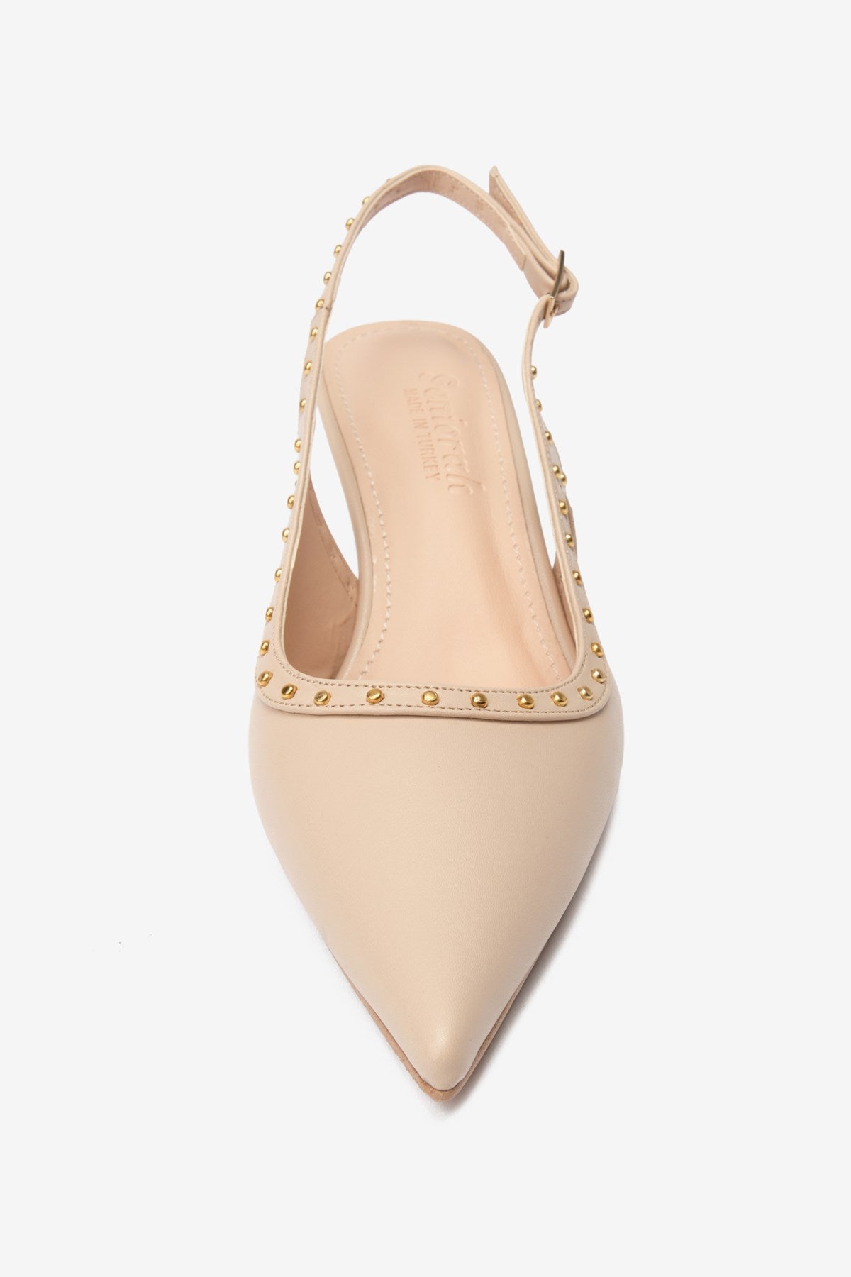 Ankle Bej Cilt Zımbalı Sivri Burun Kadın Topuklu Ayakkabı