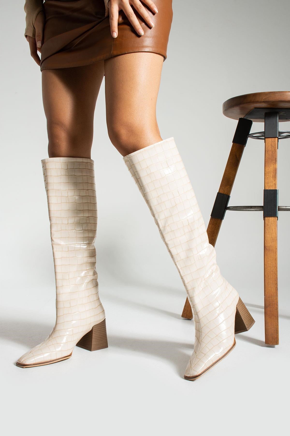Çuha Bej Kroko Cilt Kadın Topuklu Çizme