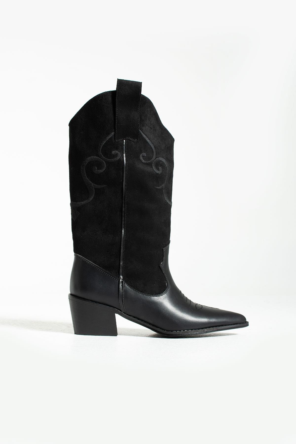 Hercai Siyah Cilt-Süet Kadın Kovboy Çizme