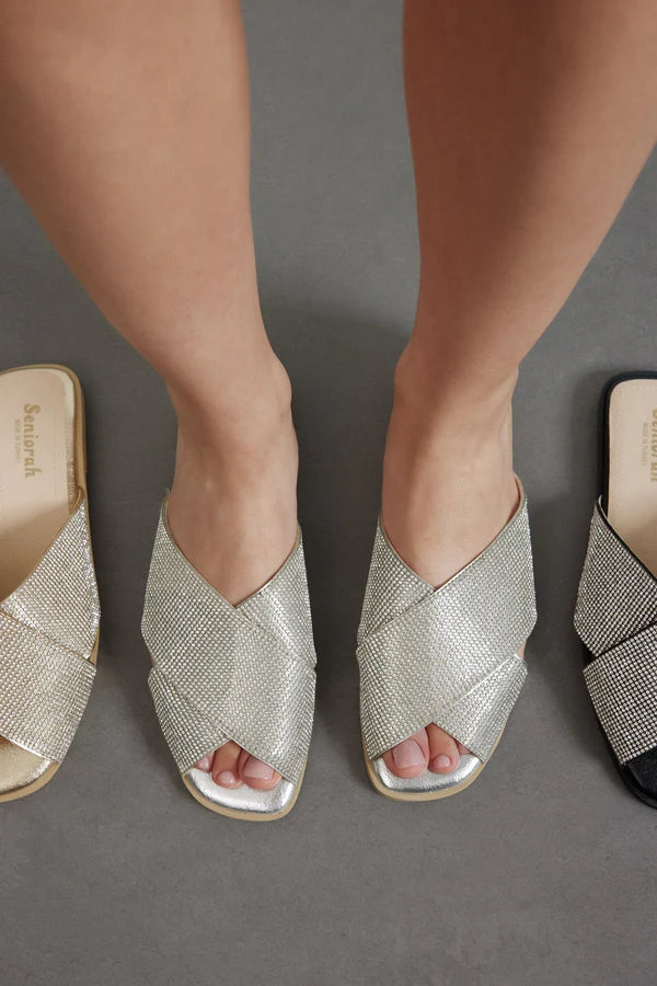 Kleopatra Gümüş Taşlı Metalik Cilt Kadın Terlik