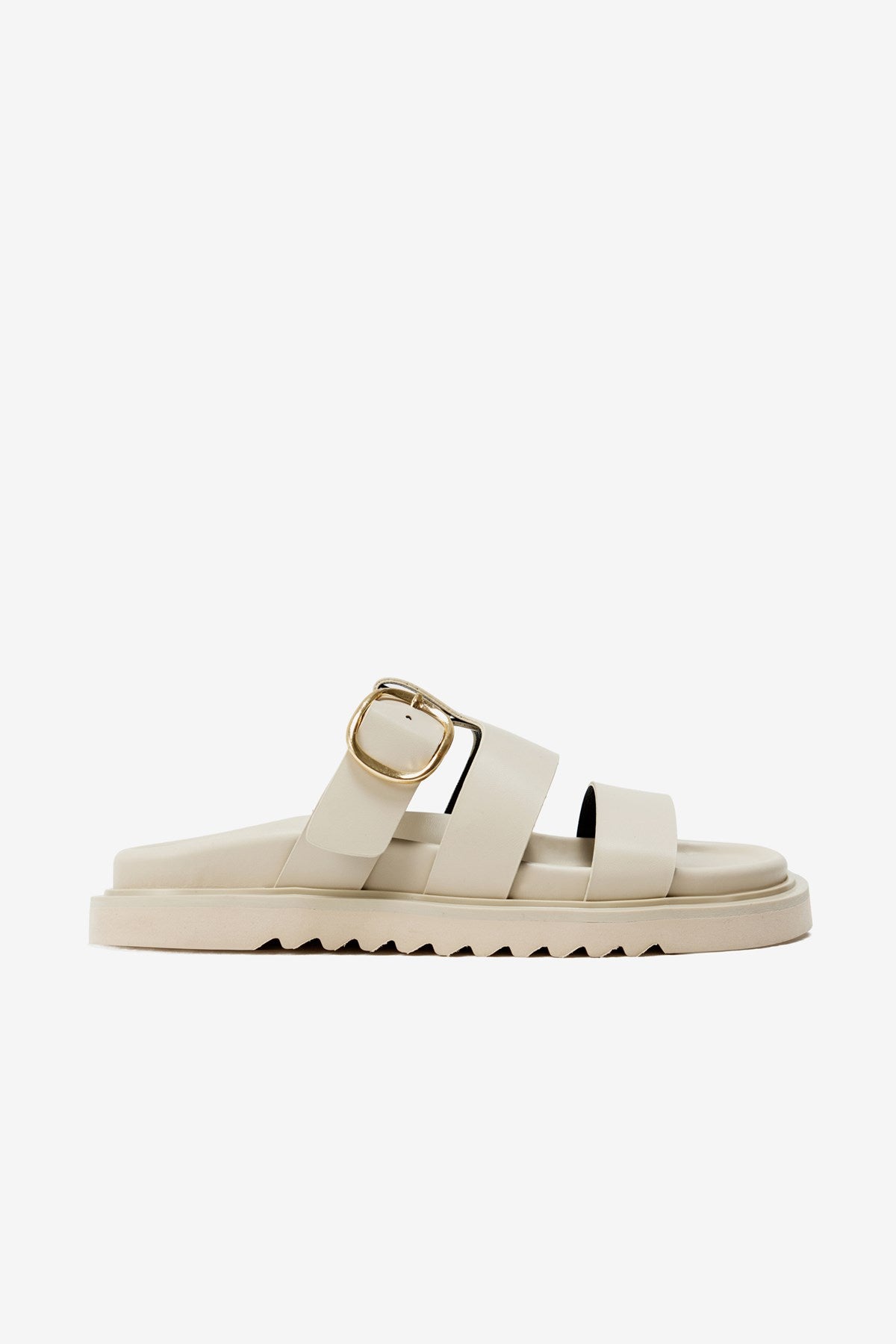 Via Bej Cilt Üç Kalın Bantlı Tek Toka Detaylı Kadın Terlik