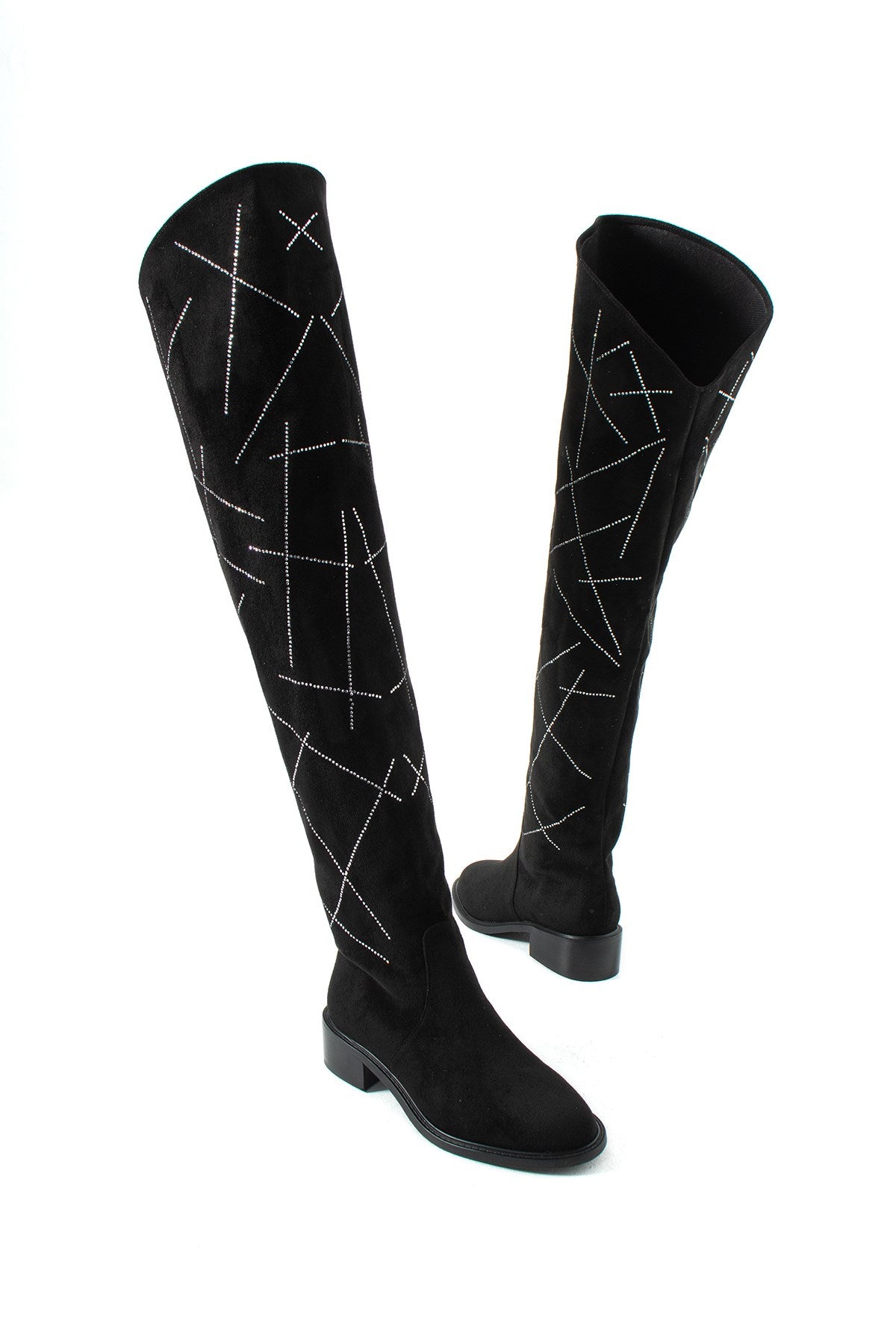 Starlit Siyah Taşlı Süet Yuvarlak Burun Alçak Topuklu Diz Üstü Uzun Kadın Çizme