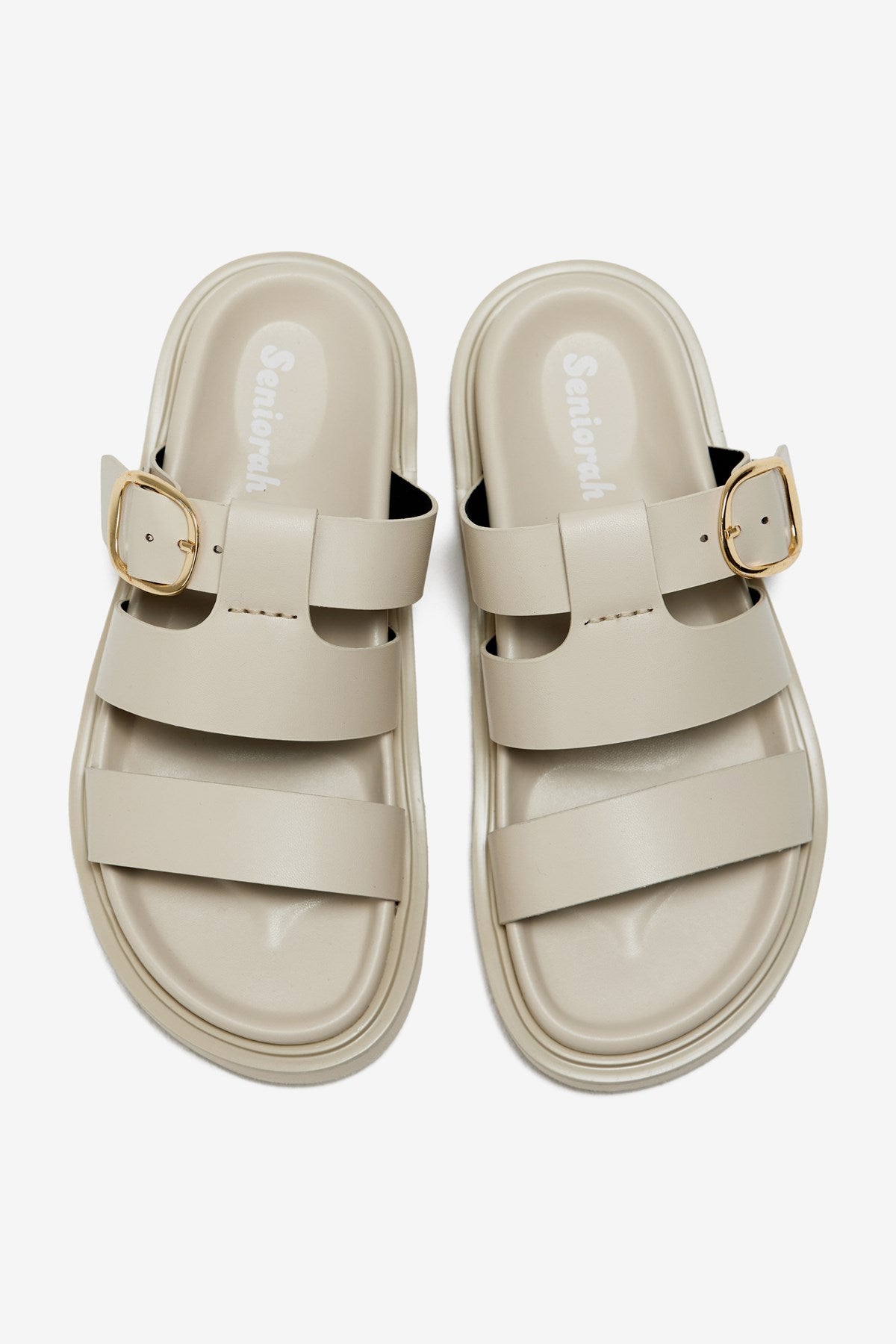 Via Bej Cilt Üç Kalın Bantlı Tek Toka Detaylı Kadın Terlik