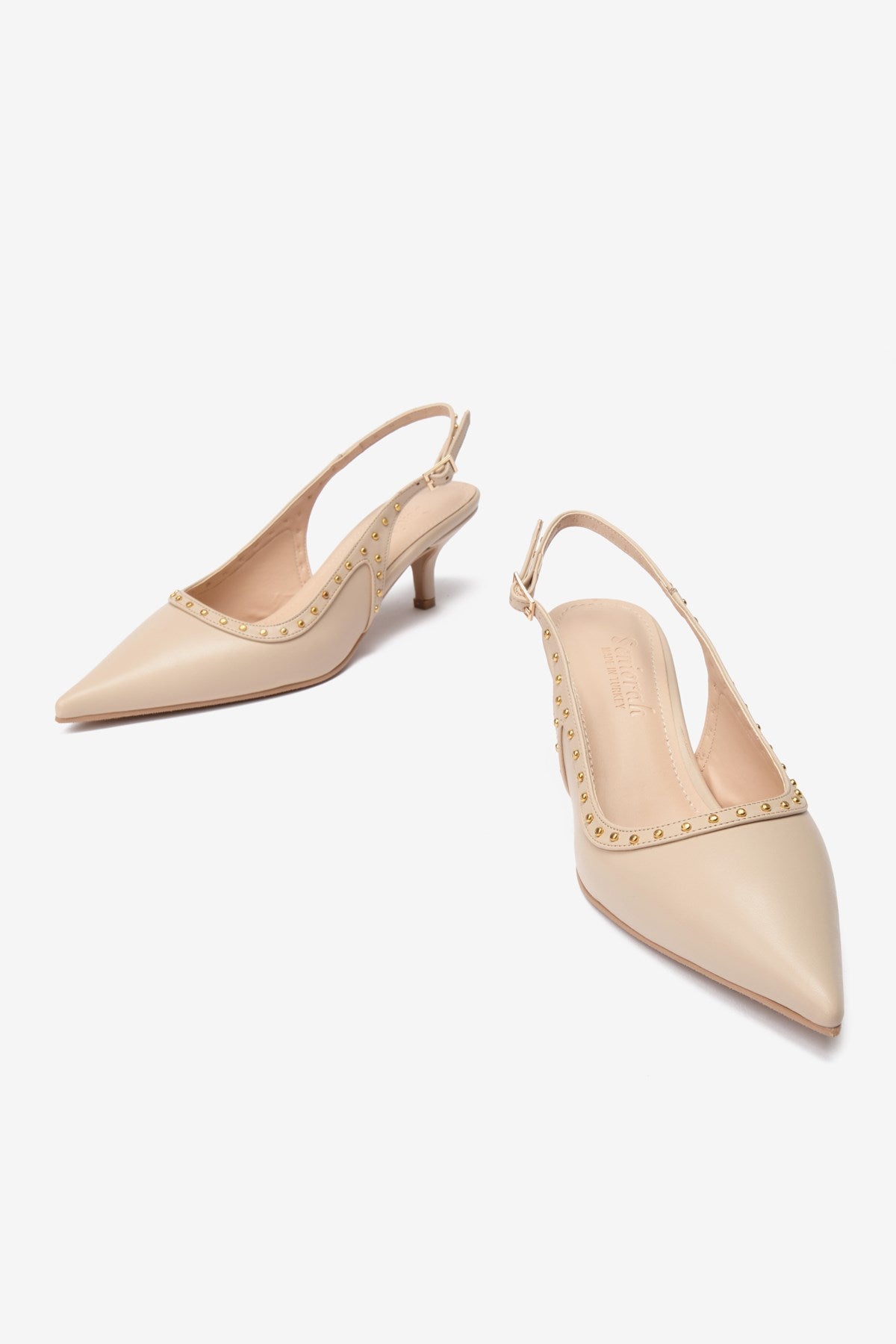 Ankle Bej Cilt Zımbalı Sivri Burun Kadın Topuklu Ayakkabı