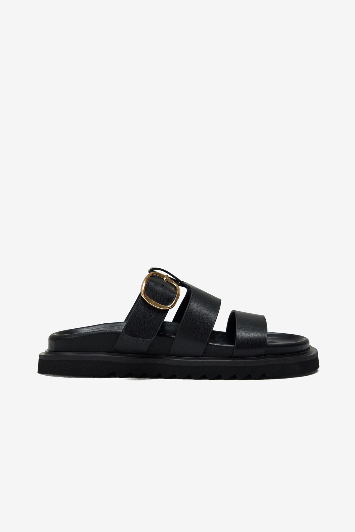 Via Siyah Cilt Üç Kalın Bantlı Tek Toka Detaylı Kadın Terlik