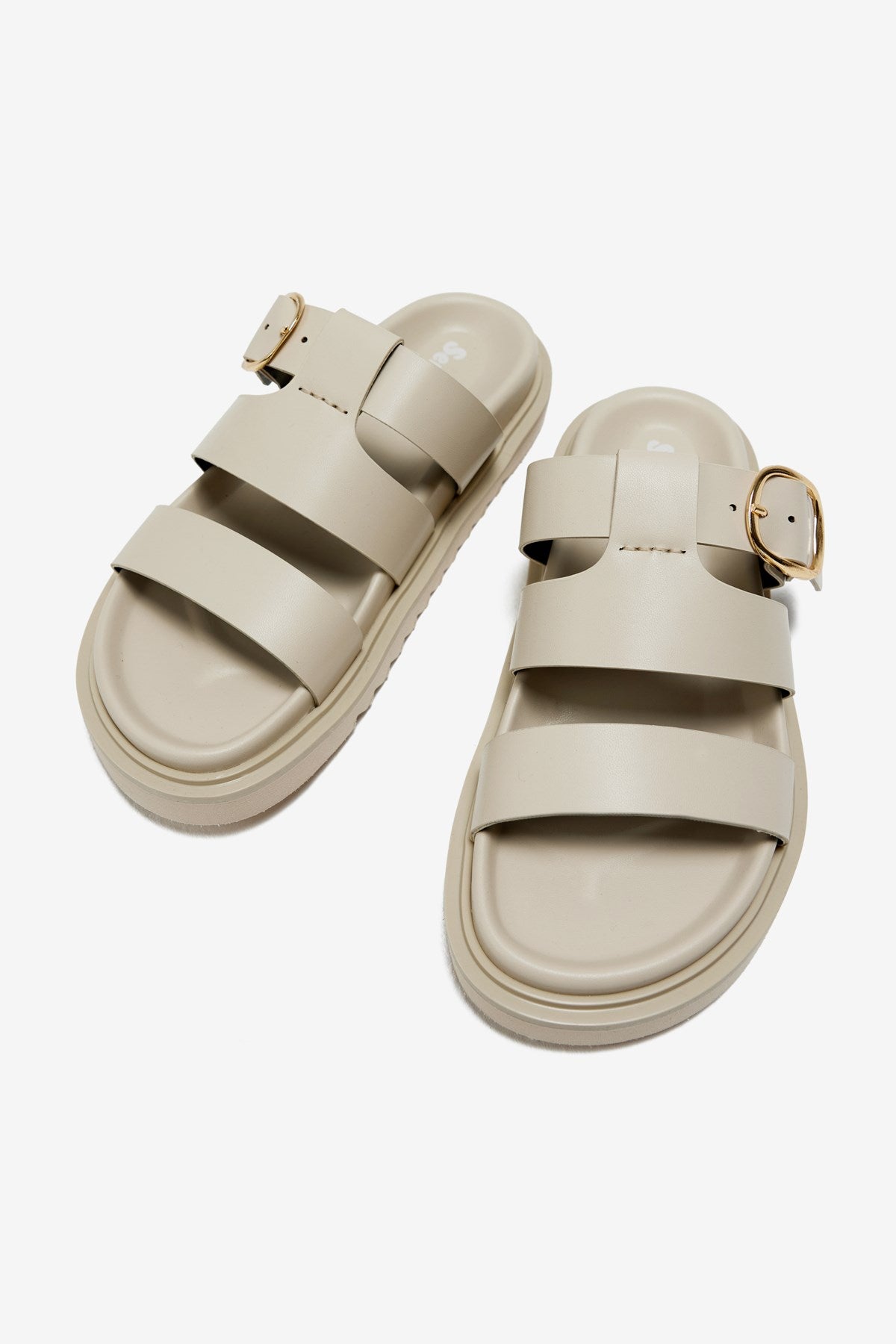 Via Bej Cilt Üç Kalın Bantlı Tek Toka Detaylı Kadın Terlik