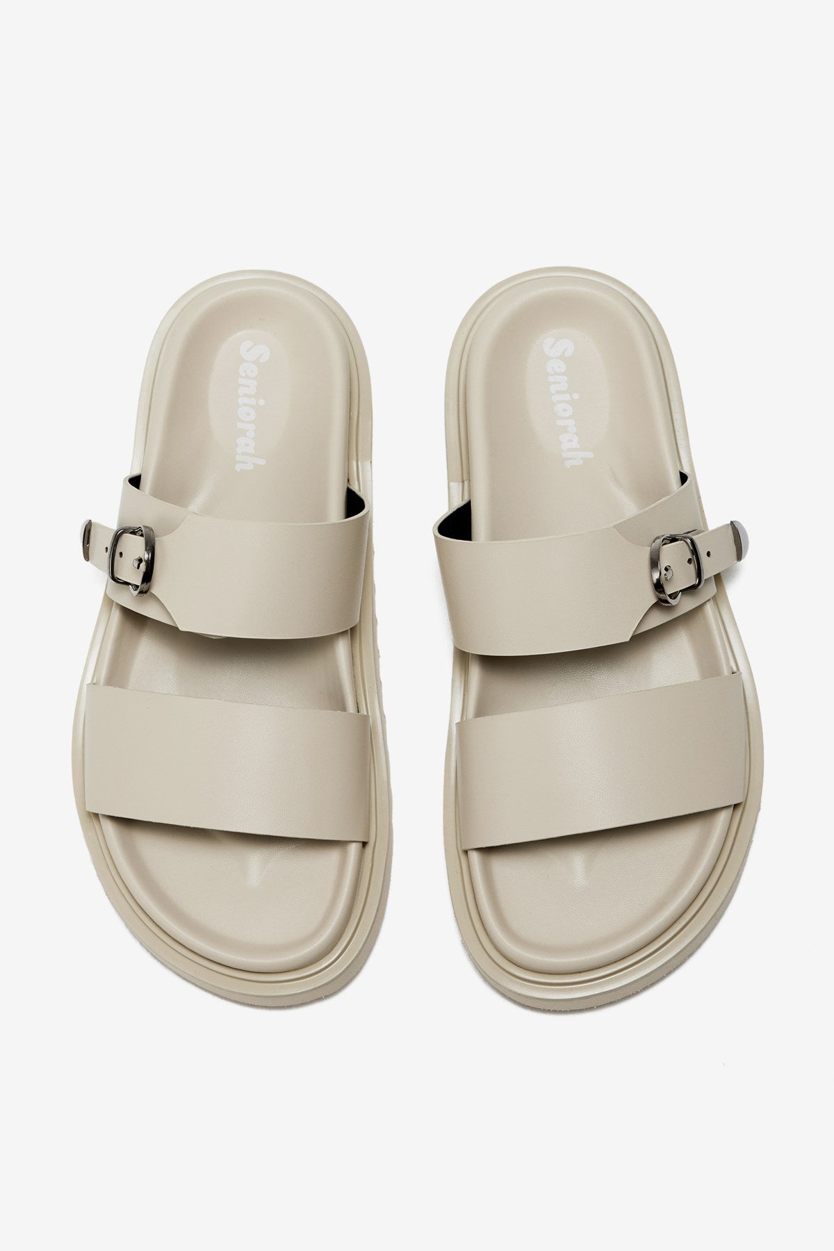 Softra Bej Cilt Kalın Bantlı Tek Toka Detaylı Kadın Terlik