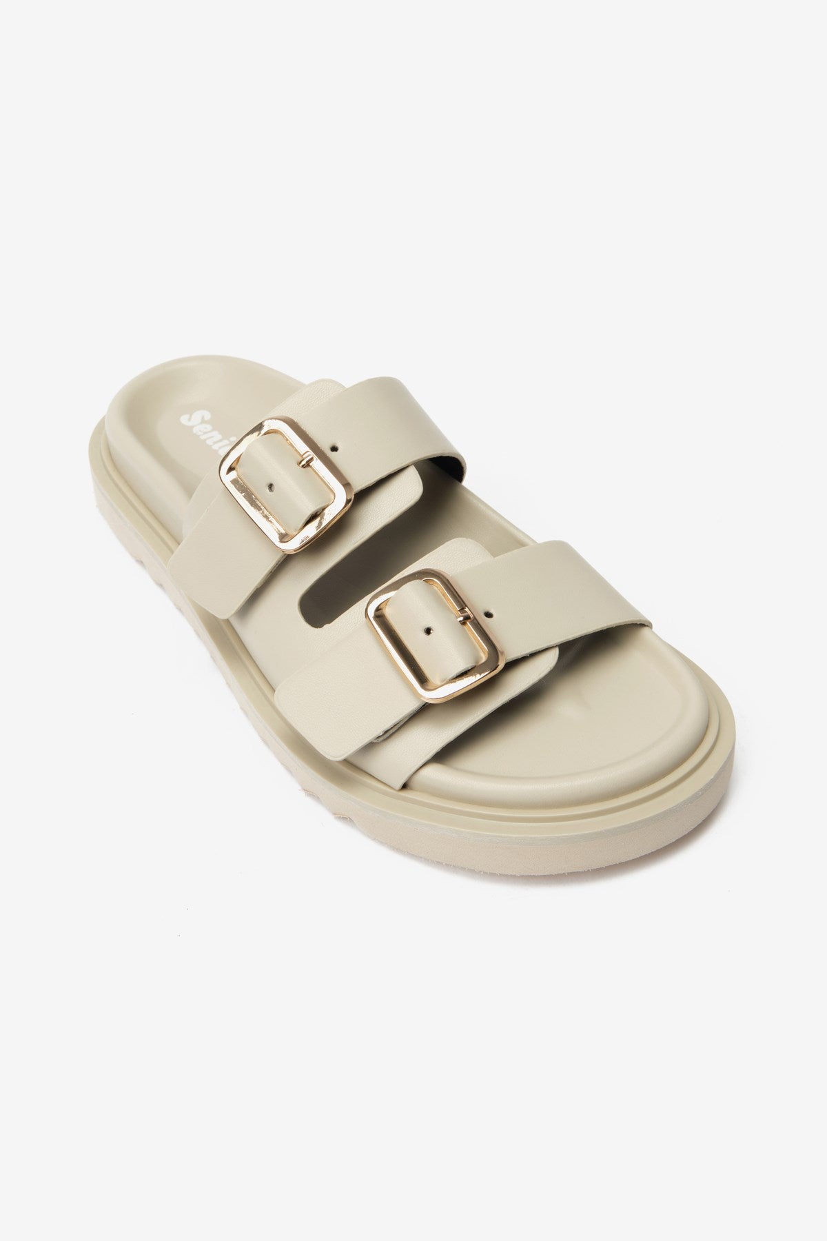 Duo Bej Cilt Çift Kalın Bantlı Kadın Terlik