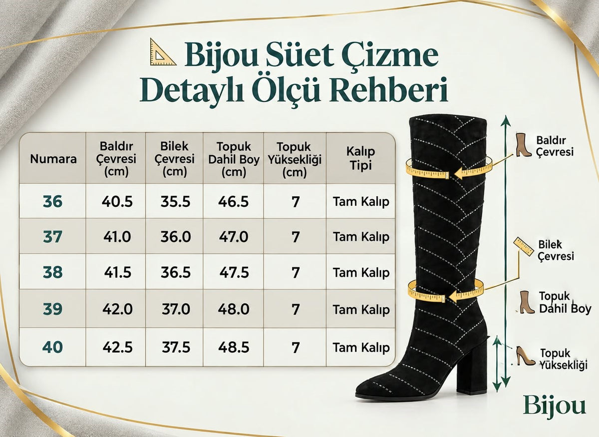 Bijou Kadın Siyah Süet  Kristal Taşlı Sivri Burun Şık Kalın Topuklu Diz Altı Çizme