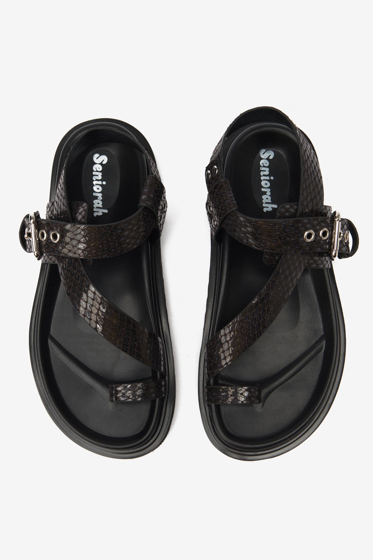 Zora Siyah Cilt Yılan Desenli Parmak Arası Kadın Sandalet