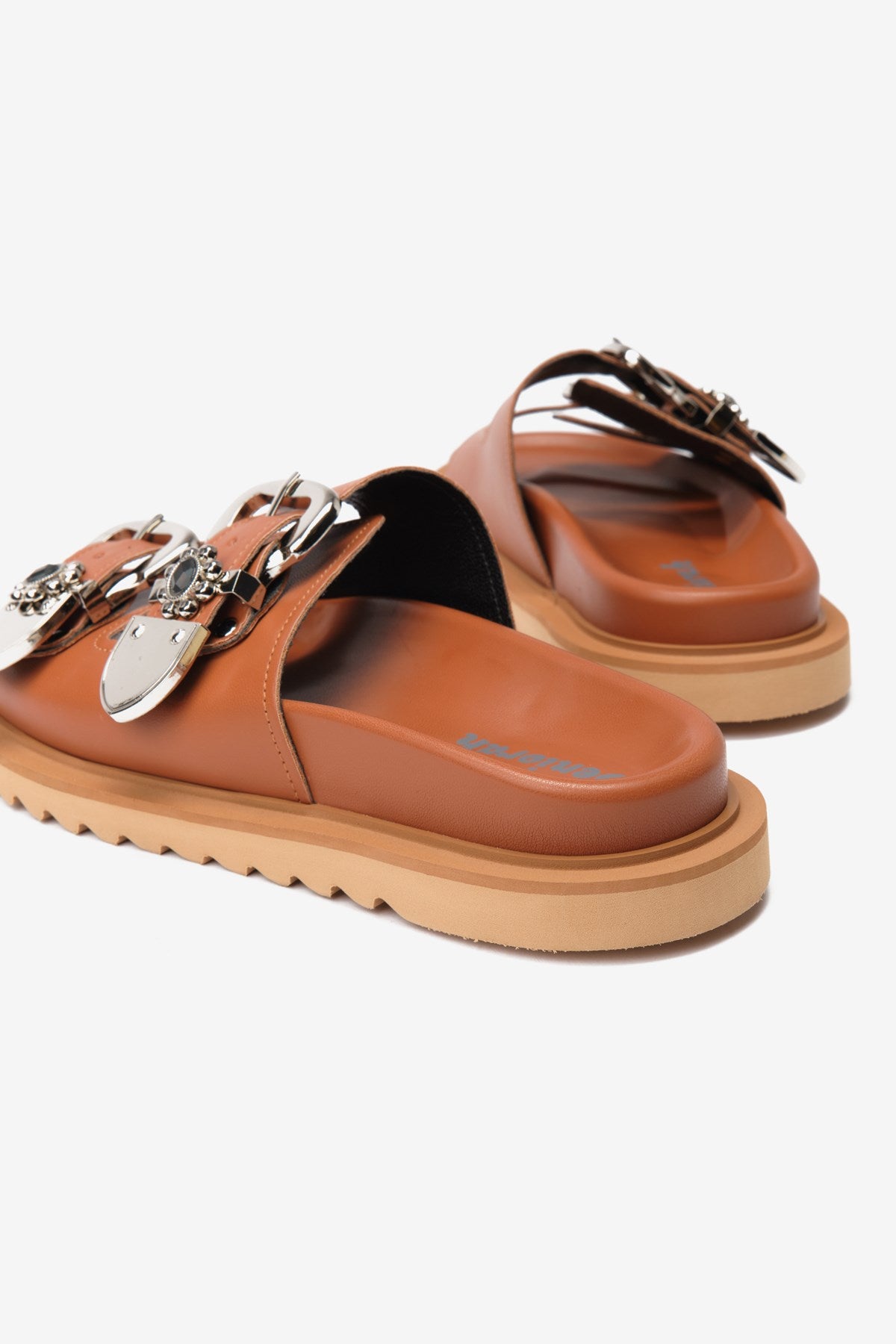 Soleil Taba Cilt Çift Kalın Bantlı Taşlı Kadın Terlik