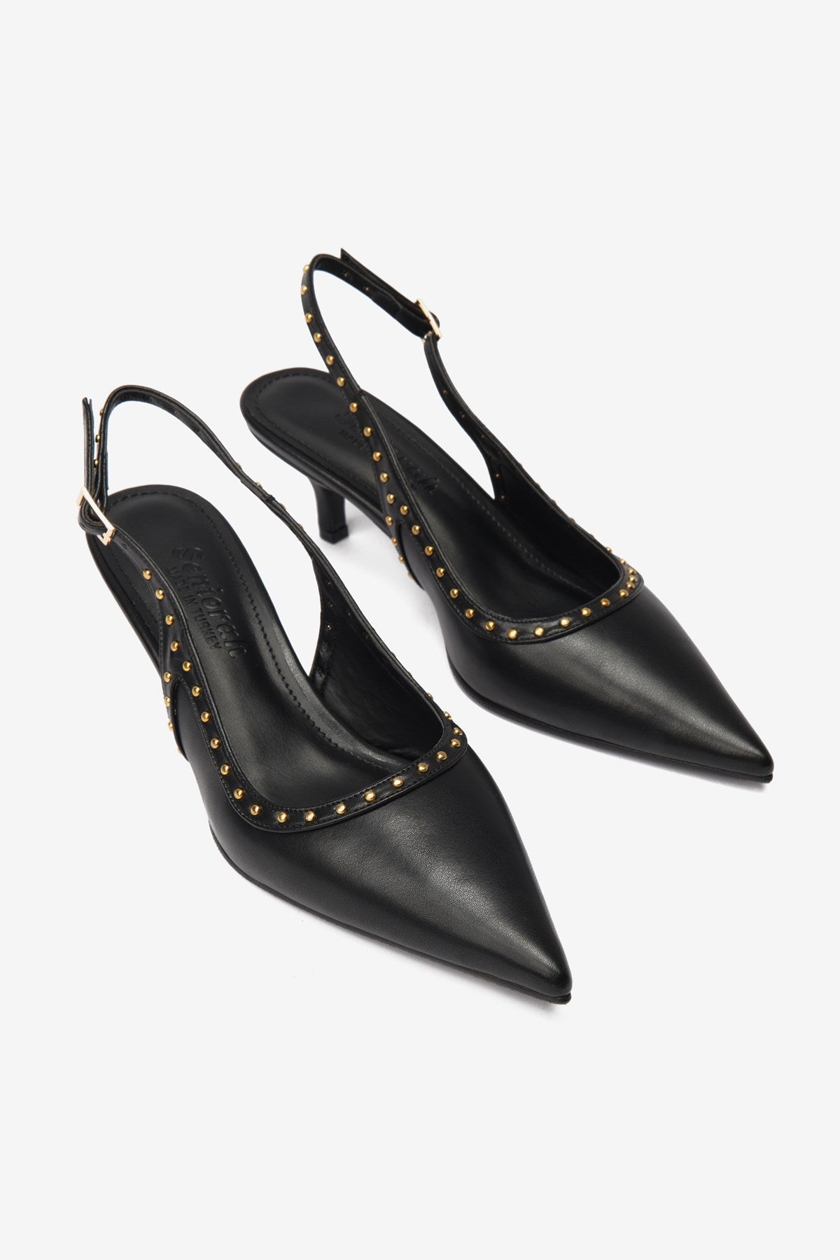 Ankle Siyah Cilt Zımbalı Sivri Burun Kadın Topuklu Ayakkabı