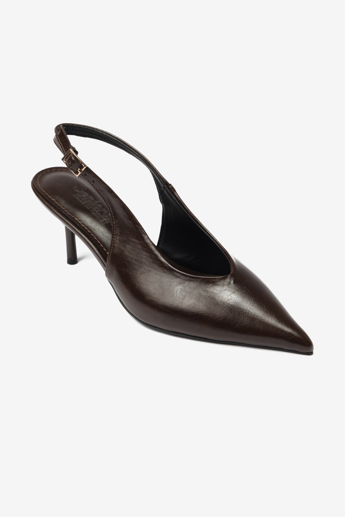 Vexta Kahverengi Cilt Sivri Burun Arkası Açık Kadın Topuklu Ayakkabı