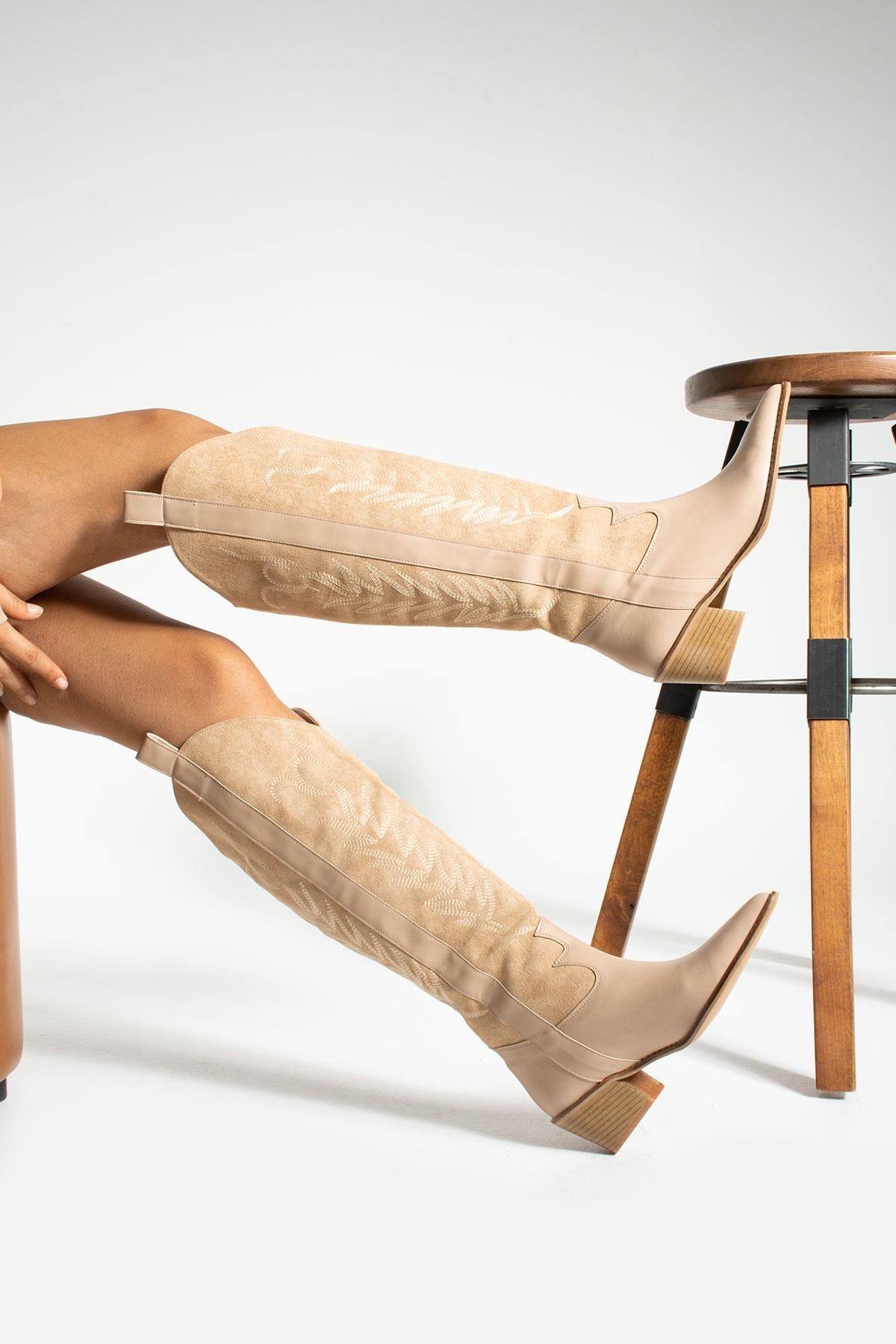 Lily Bej Süet Kadın Kovboy Çizme