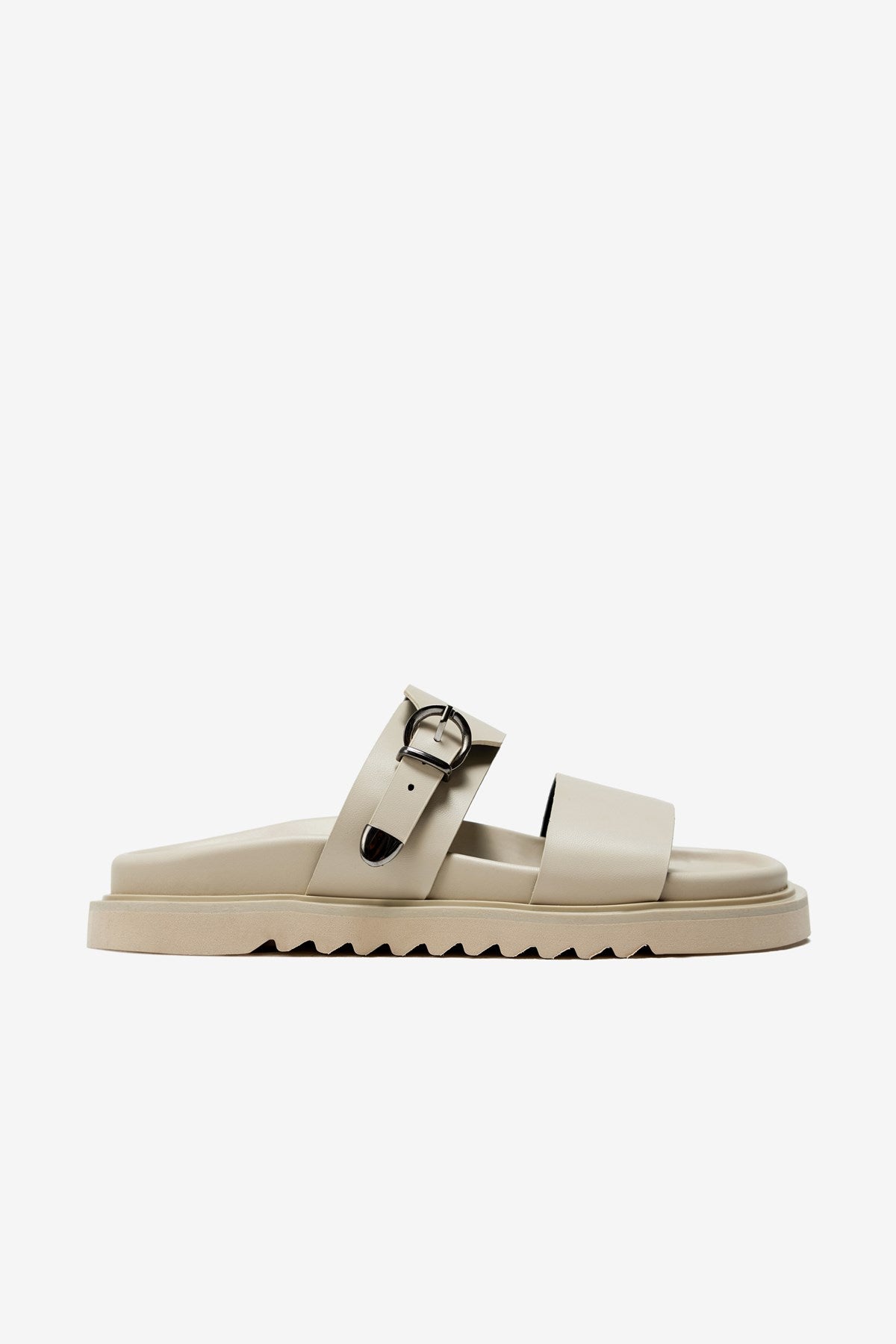 Softra Bej Cilt Kalın Bantlı Tek Toka Detaylı Kadın Terlik