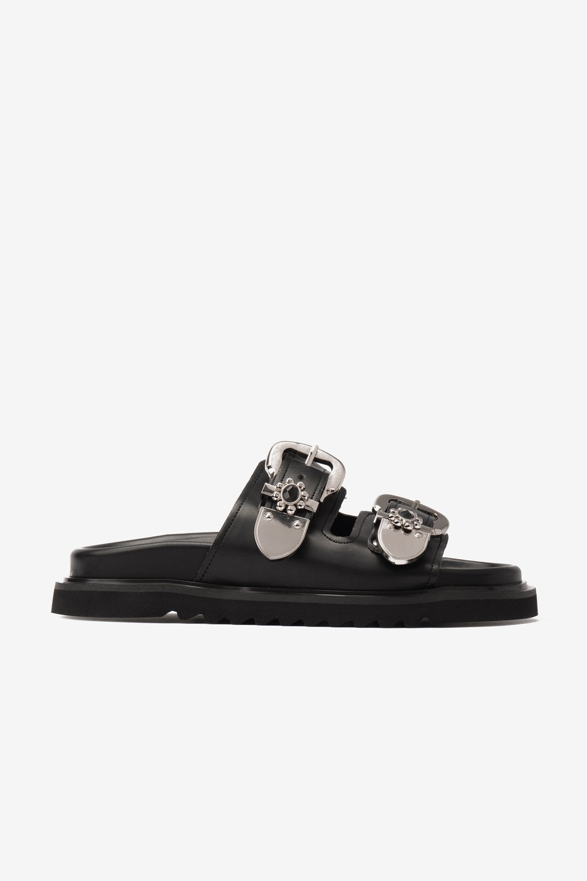 Soleil Siyah Cilt Çift Kalın Bantlı Taşlı Kadın Terlik