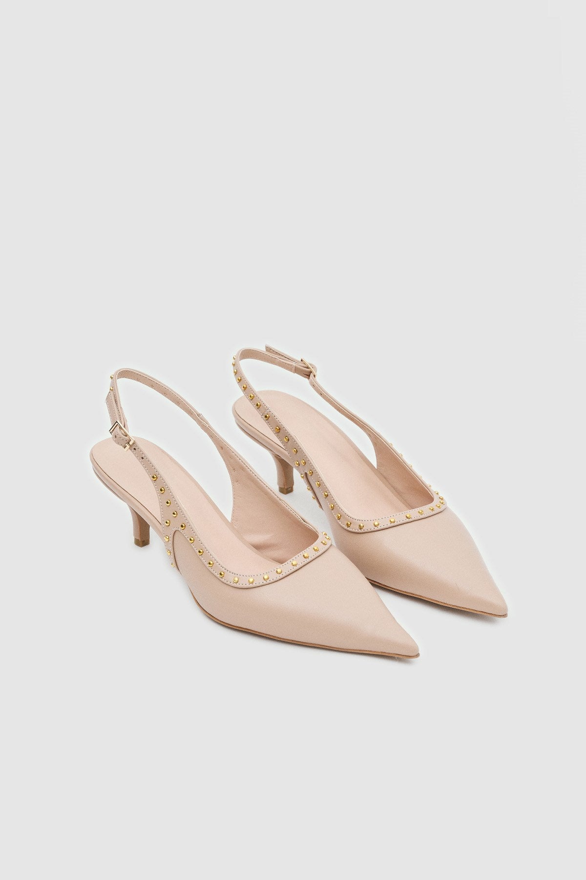 Ankle Bej Cilt Zımbalı Sivri Burun Kadın Topuklu Ayakkabı