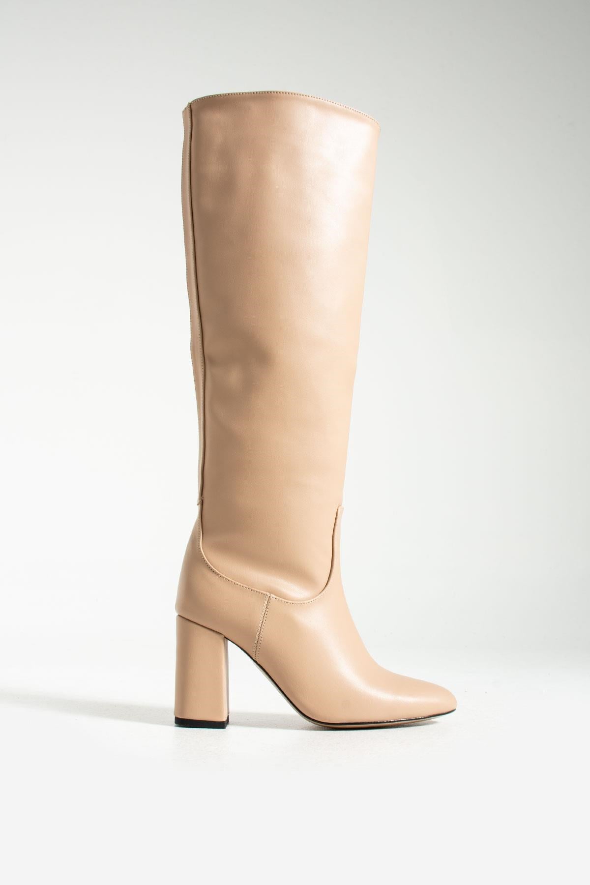 Clove Bej Cilt Kadın Topuklu Çizme