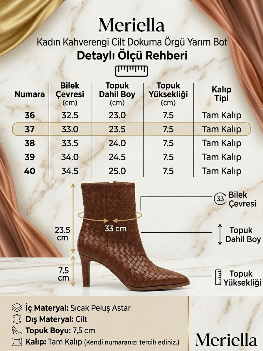 Meriella Cilt Kahverengi Dokuma Örgü Desenli Sivri Burun İnce Topuklu Yarım Bot Bootie
