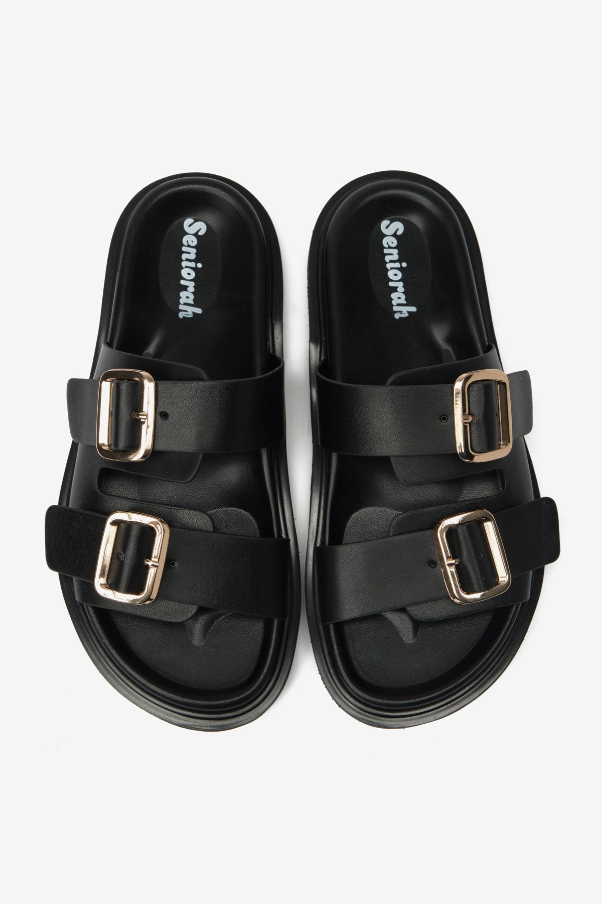 Duo Siyah Cilt Çift Kalın Bantlı Kadın Terlik