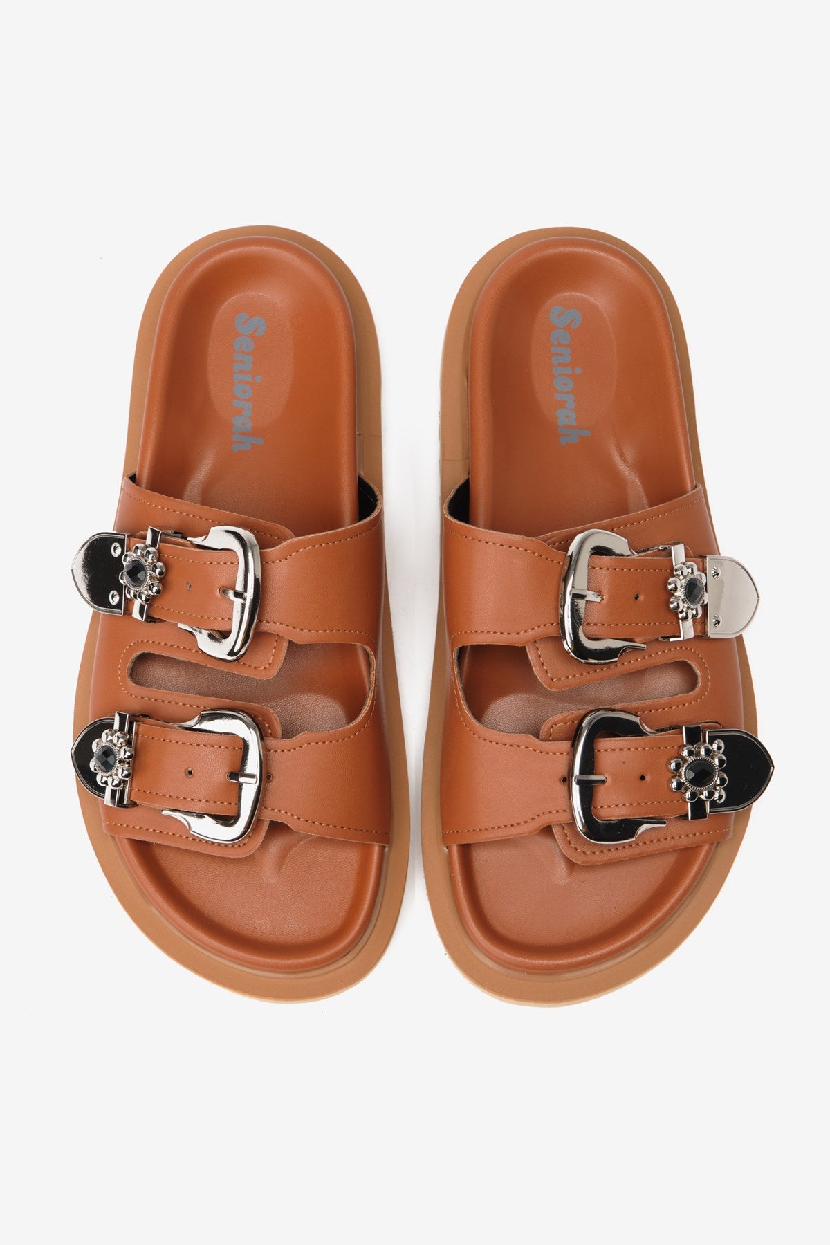 Soleil Taba Cilt Çift Kalın Bantlı Taşlı Kadın Terlik