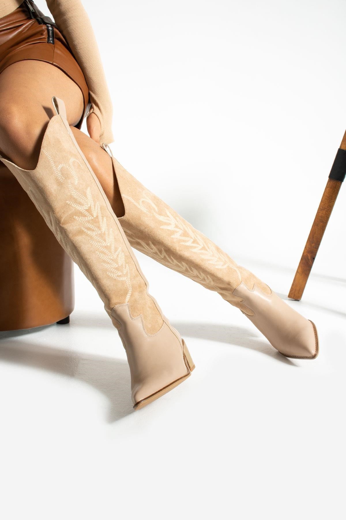 Lily Bej Süet Kadın Kovboy Çizme