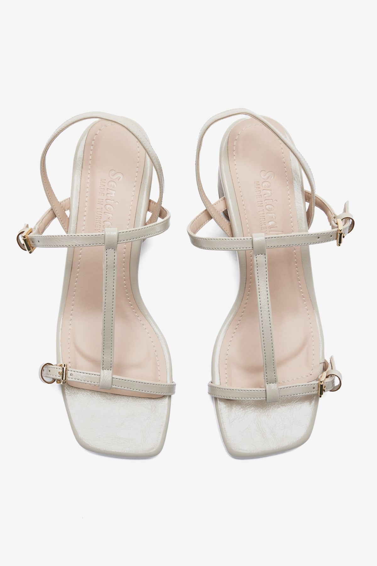 Krem Rugan İnce Bantlı Kadın Kalın Topuklu Ayakkabı